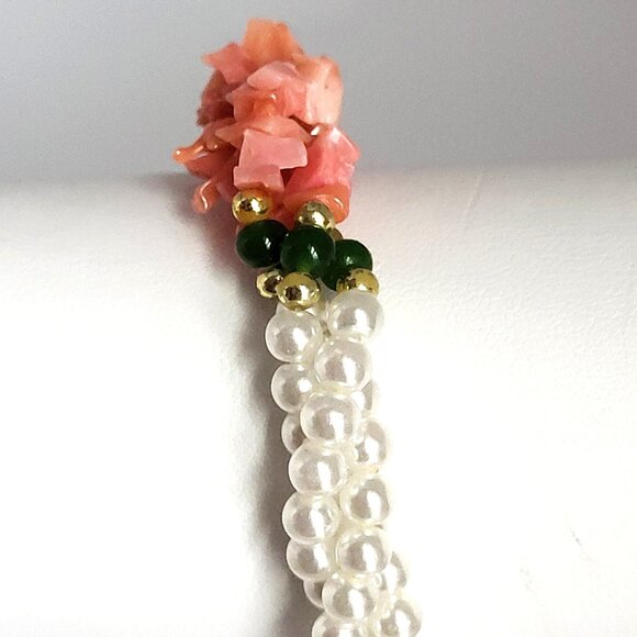 Vintage Faux pearl Coral & Jade 1970's Bracelet Cluster 8" - Picture 3 of 6